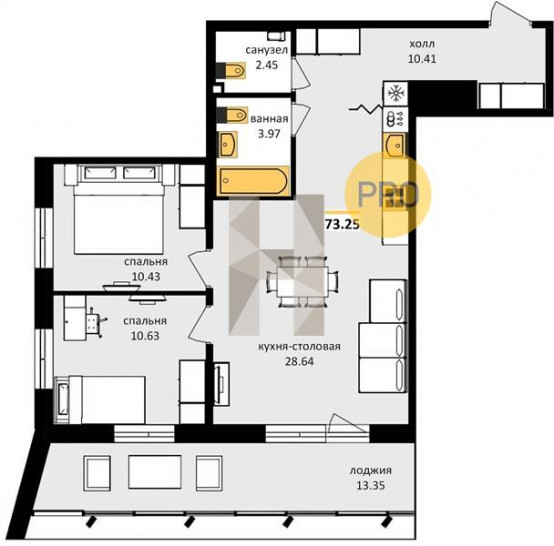 Двухкомнатная квартира 73.25 м²