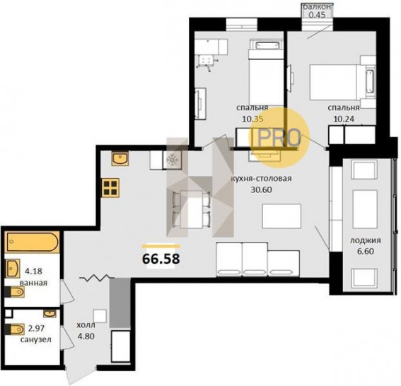 Двухкомнатная квартира 66.58 м²