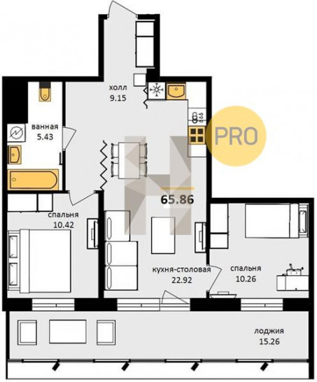 Двухкомнатная квартира 65.86 м²