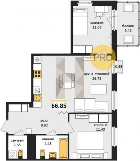 Двухкомнатная квартира 66.85 м²
