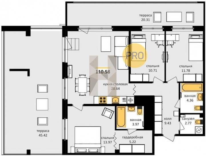 Трёхкомнатная квартира 110.58 м²