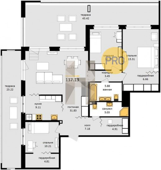 Трёхкомнатная квартира 137.13 м²